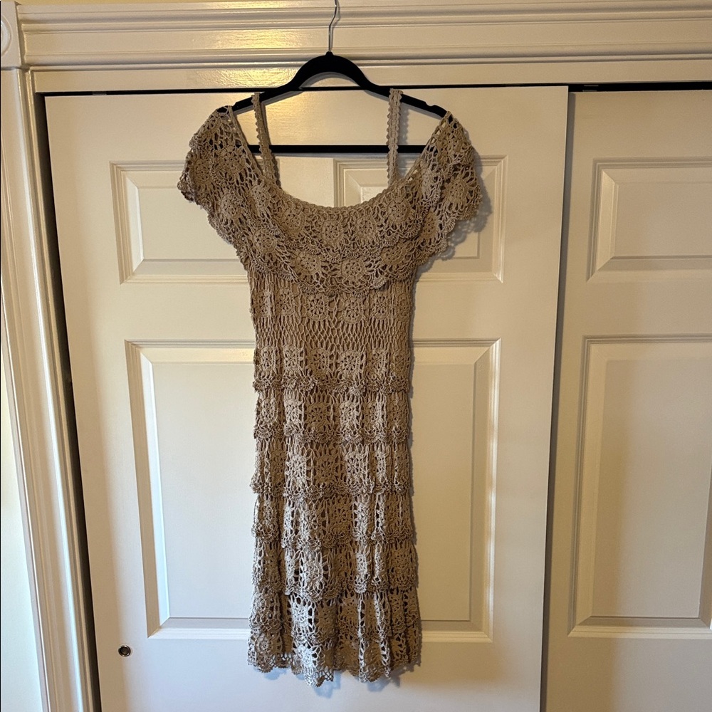 Boston Proper Crochet Off-Shoulder Dress in Taupe - Picture 3 of 4